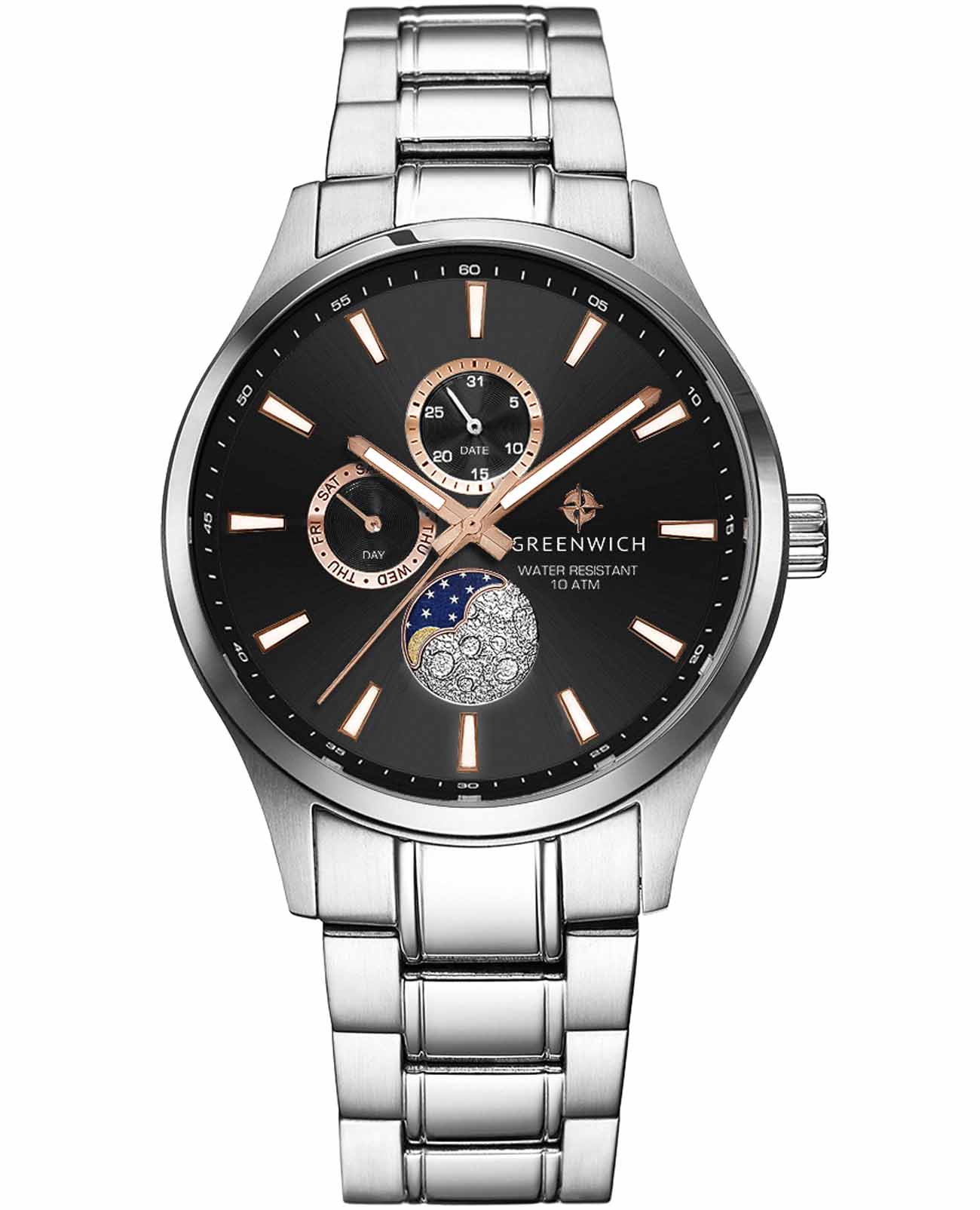 Greenwich Greenwich Moon Walker GW 058.10.35  GW 058.10.35 кварцевые мужские часы черный циферблат, браслет нержавеющая сталь — вид спереди